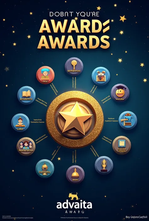 A creative infographic showcasing the various award categories with icons with gold and silver glitter  representing photos different sectors of education, all tied together by the ADVAITA brand colors. 3d effect with night sky background and professional ...