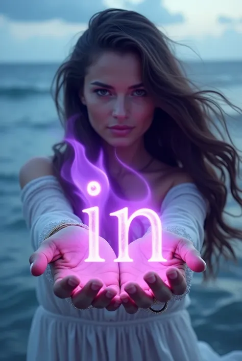 a beautiful woman with long hair. with the power of purple fire in the shape of letters "in" in his hand . blue ocean background.   . photography 3d resolusi hd 