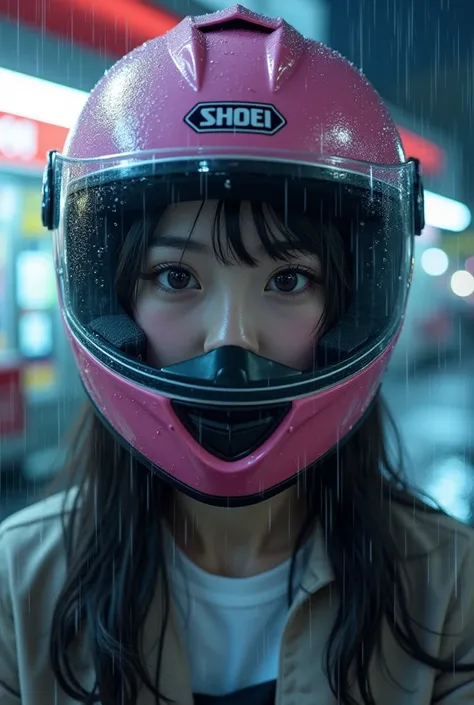 very beautiful Japanese high school girl, about to Ride on a motorcycle, at convenience store at night, dramatic scene, masterpiece, (upper body:1.3), clear helmet visor, visor down, lowered visor, raining, water on visor, beautiful eyes,pink Shoei helmet