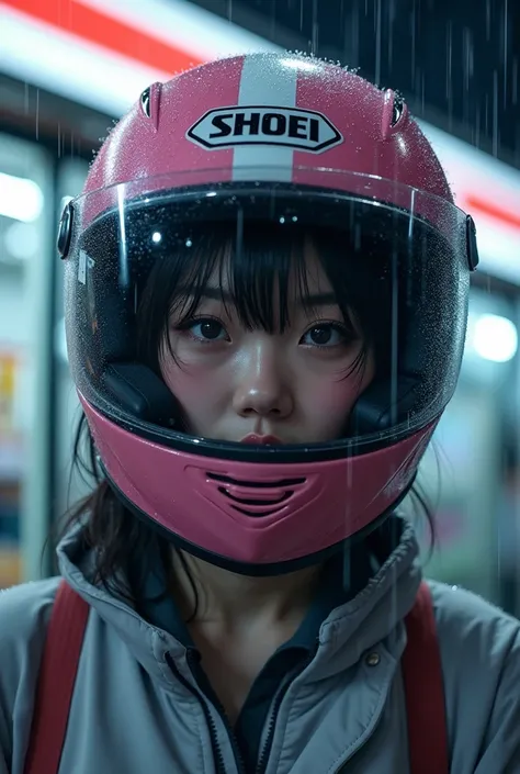 very beautiful Japanese high school girl, about to Ride on a motorcycle, at convenience store at night, dramatic scene, masterpiece, (upper body:1.3), clear helmet visor, visor down, lowered visor, raining, water on visor, beautiful eyes,pink Shoei helmet