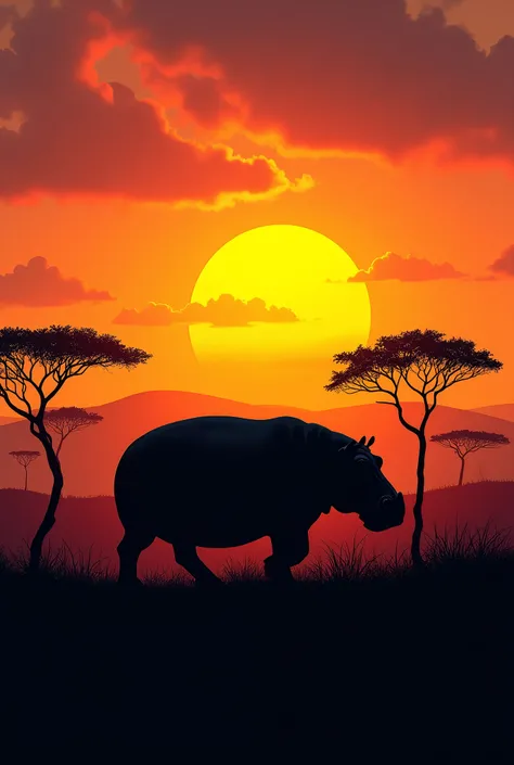 A silhouette of a hippo walking in the African savannah at sunset.