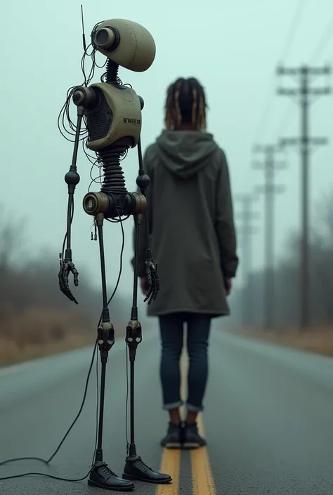 Black, wired, human-sized robot with very thin limbs and body, that has a head in the shape of a small radio. Behind the robot is a man with white skin but dreadlocks who is facing away..
The background is a road and the sky is cloudy with cold weather..