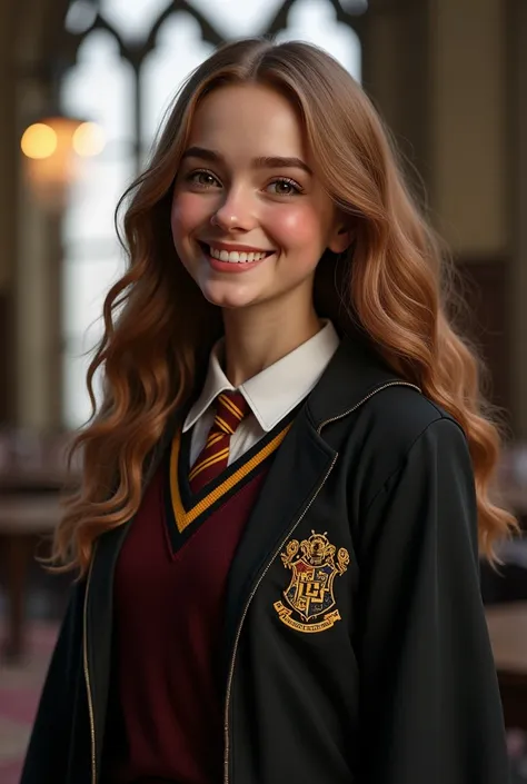 ,Hermione Granger, uniforme school howarts ,harry potter hermione,score_9, score_8_up, score_8, (ultra realistic,32k, masterpiece:1.2),(high detailed skin:1.1),( high quality:1.1), (curvy), high resolution, best quality, brown hair, long hair , hazel eyes,...