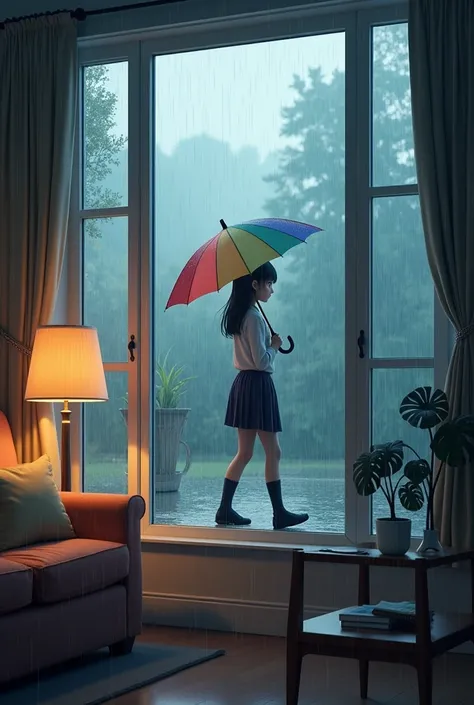 A rainy day, sit comfortably on your sofa in front of the bay window to watch the rain fall. A girl walks outside with an umbrella to go to school