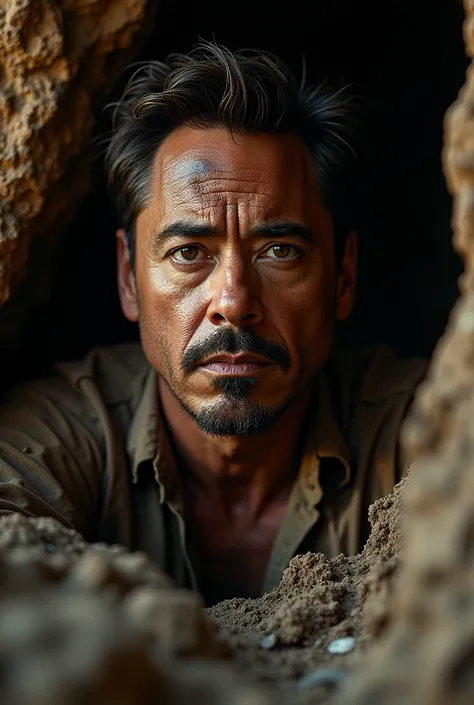 Robert Downey junior in cave with dirt in his face