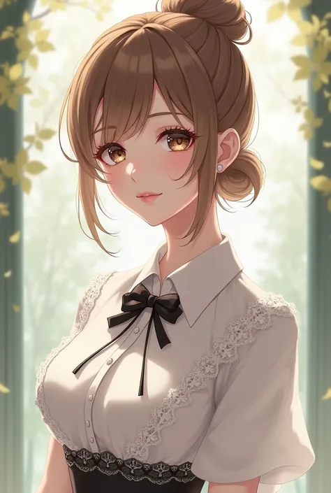 Adult woman, shirt in white color, lace and bow things in outfit, elegant clothes, light brown hair tied up, brown eyes, anime style