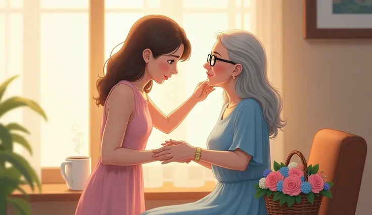 A digital illustration of a warm scene between a daughter and her elder Mother:The beautiful woman,  who is the daughter, is combing her elder mothers hair. The daughter has brown-gray hair, a light pink dress .The elder mother is standing in front of the ...