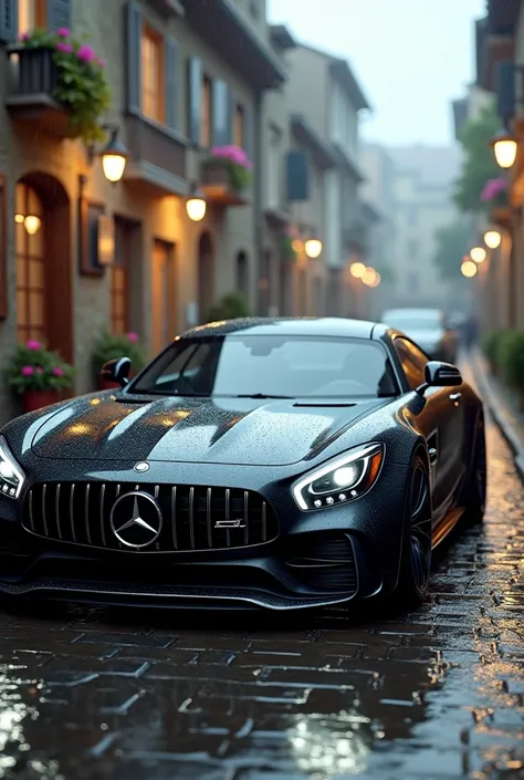 A black Mercedes Benz AMG in a village street with rain 
