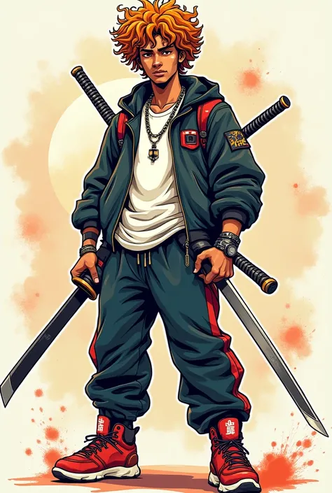 Make a manga style drawing of a young man , brown skin color, curly hair, with stylish rapper clothes, and a samurai sword, and samurai accessories