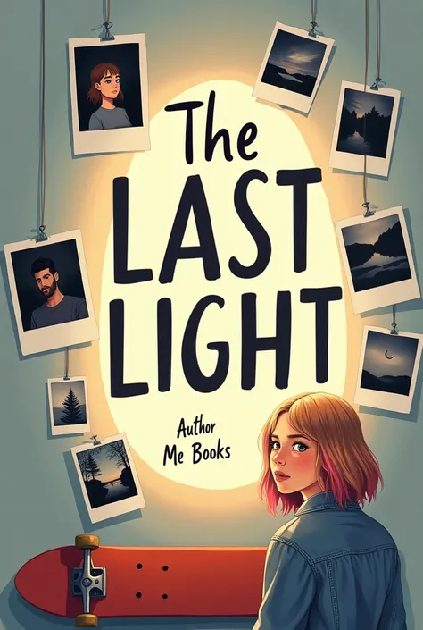 Young Adult book cover with the literal title "The last light" written in large. The author name of the book is "Me Books". realistic illustration style, with six printed polaroid photographs stuck on a wall. One of the photos is of a skateboard. One pictu...