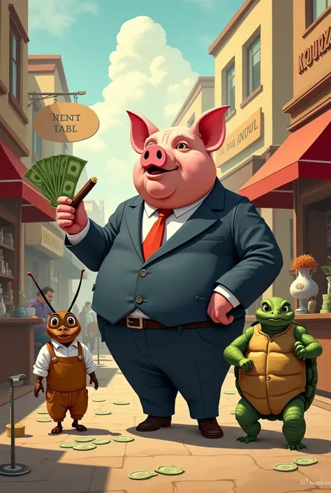 draw me a fable cover (animals that act as humans). the story revolves around three businessmen: the pig who is boastful because his business (marketplace) went well first, the ant that is hardworking, and the turtle who is slow but consistent. 