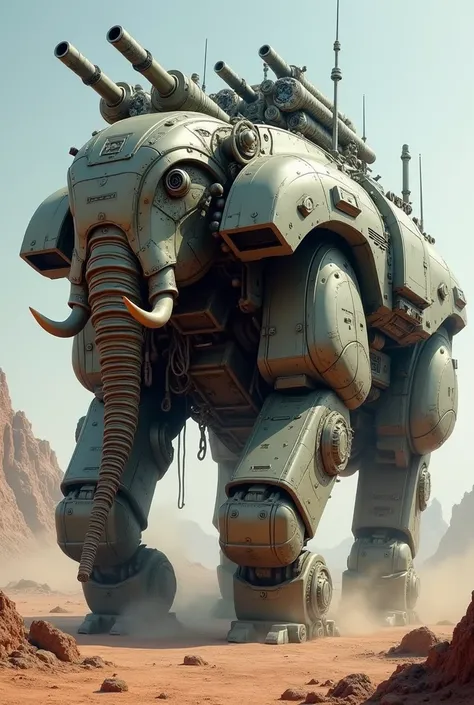 The fusion of a war tank with a realistic elephant, mechanic with exposed weapons