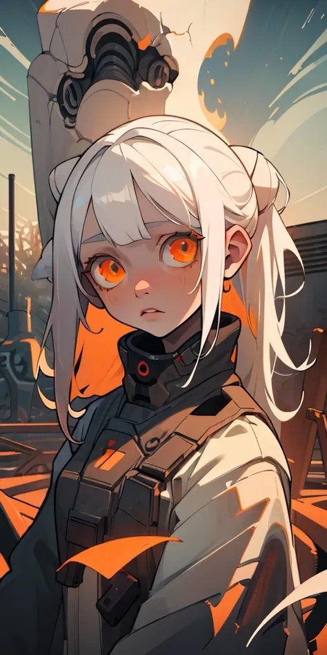 (Best quality, masterpiece), Young woman, apocalypse, backyard, White hair, tucked ears, orange eyes, albino