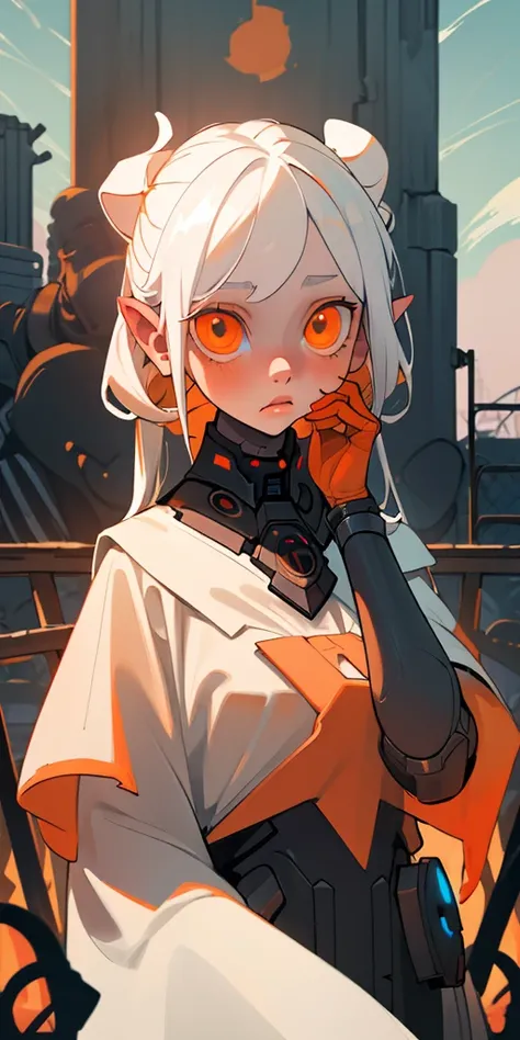 (Best quality, masterpiece), Young woman, apocalypse, backyard, White hair, tucked ears, orange eyes, albino