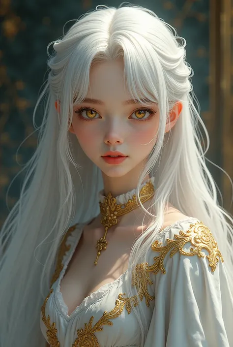 A young woman with long white hair, gold eyes, wearing fully covered clothes,anime style, head to waist picture, elegant pose,intricate clothing,fine textures,flowing hair,beautiful lighting,vivid colors,detailed background