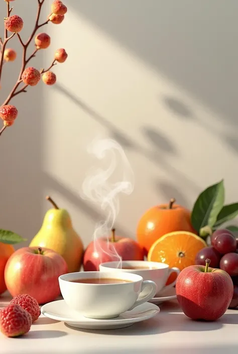 Simple still life with fruit and cups of tea