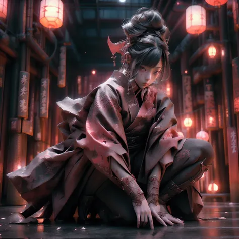 A powerful action scene featuring a beautiful young woman in a dramatic, cinematic pose, as if captured in the middle of an intense samurai film. She is dressed in traditional samurai armor, intricately detailed with red and black accents, paired with stur...