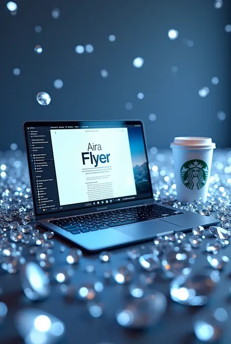 Laptop set but in laptop screen with "AIRA FLYER" on the screen with diamonds everywhere with starbucks coffee on side