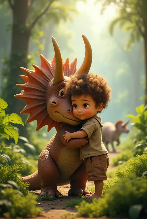 Baby with curly hair and brown eyes hugging a triceratops in the age of dinosaurs