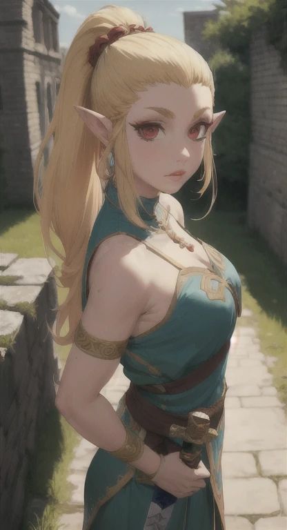 Goddess candidate, Hylia, blonde, red eyes, looking at viewer POV, Hylian armor, ponytail hairstyle, medieval Town ruins, sword,