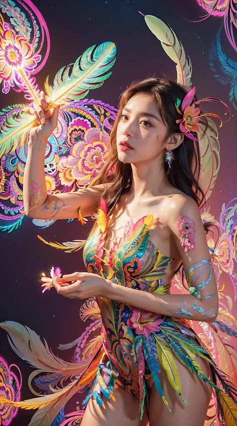 (masterpiece, top quality, best quality, official art, beautiful and aesthetic:1.2), (1girl:1.3), extremely detailed,(fractal art:1.1),(colorful:1.1)(flowers:1.3),highest detailed,(zentangle neon:1.2), (dynamic pose), (abstract background neon:1.3), (shiny...