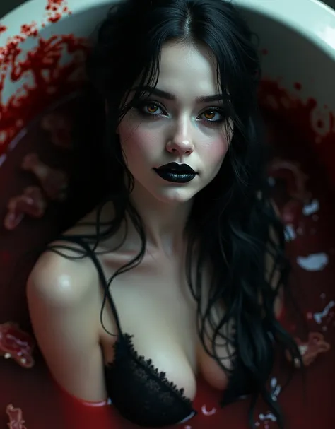 a morbid goth female with a smirk on her lips,beautiful detailed eyes,beautiful detailed lips,extremely detailed face and skin,long dark hair,pale skin,black lipstick,black eyeshadow,blood bath,floating pieces of flesh, gore,dramatic lighting,dark moody at...