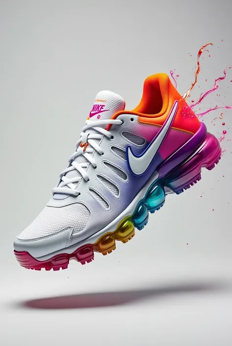 a very flashy and colorful white nike sports sneaker for an advertisement