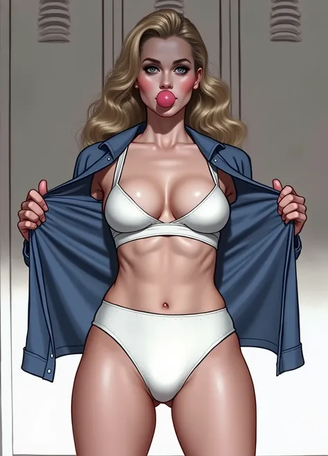 (masterpiece, best quality)), ((((perfect anatomy)))), ((Buff)) Norwegian woman with long blonde hair, dark eyeshadow, dark blue eyes, blowing bubble gum, opening blue shirt, white high cut panties, wide hips, in a locker room, realistically proportioned, ...