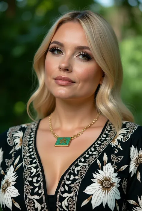 Close-up of a blonde, plump woman wearing a black and white embroidered and patterned dress. Moroccan flag drawn in white and green, perfect clarity of the entire image, sharpness of the face and eyes, intricate details 64k 32k HDset green nature backgroun...