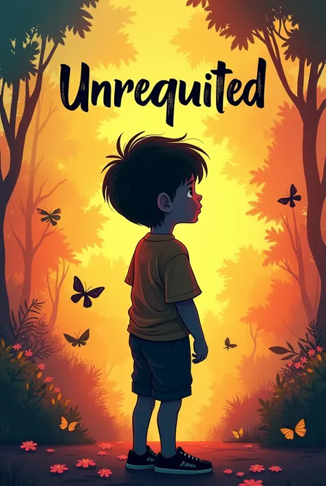 Light hearted colofrul poster of a black silhouette of a boy with a title unrequited in a beautiful font black 
And small subtitle as family