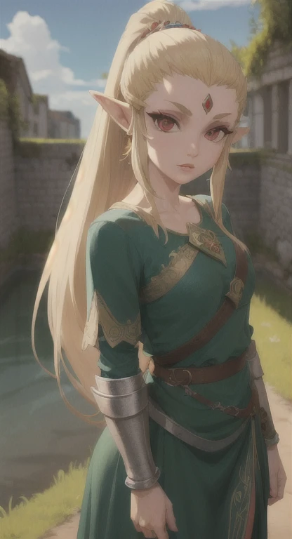 Goddess candidate, Hylia, blonde, red eyes, looking at viewer POV, Hylian armor, ponytail hairstyle, medieval Town ruins, sword,