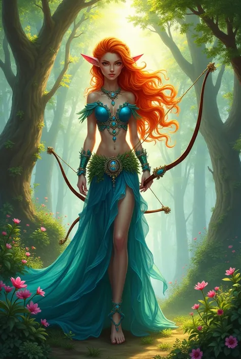 eladrin elf bright red-orange hair with bow and arrow fletcher, bluish outfit