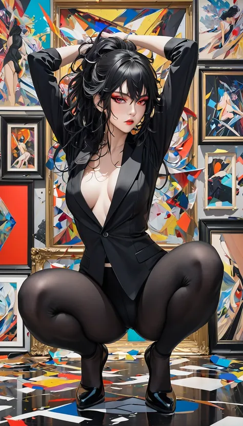 conceptual installation art, 2.5D, graphic CG digital art, 1 female, seductive, makeup, messy hair, super proportions, black pantsuit, squat with your legs wide open, arms up armpit, fusion of acrylic and collage paintings, high and fine artwork