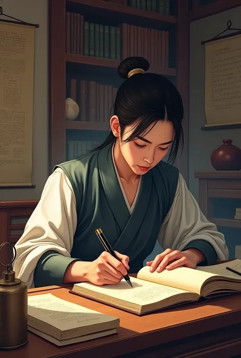 Generate a drawing，Drawing China in the old society，A study room filled with books and materials、A person holding a pen、A hand is opening a book and reading at the table 。The pen is a fountain pen、A black fountain pen.. Presented in style. Fountain pen wri...