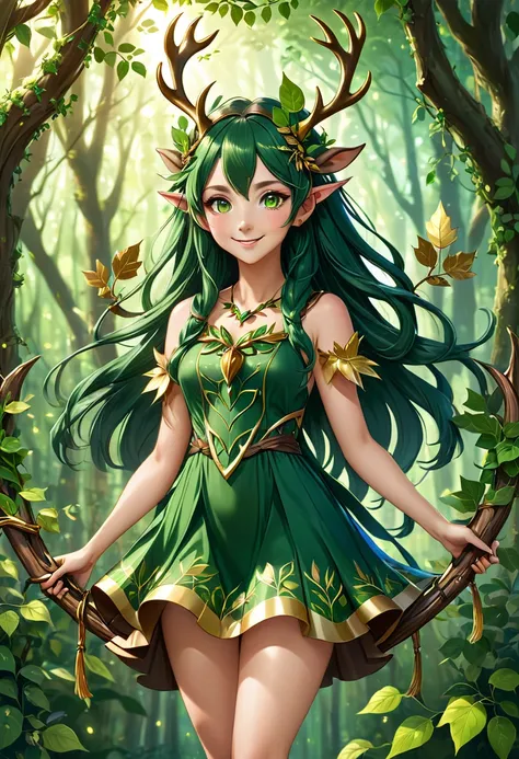 full body portrait of a young anime dryad girl with pointy ears, brown antlers on her head and long brunette and dark green hair wearing a cute leaf dress made out of brown branches and dark green vines and leaves with some golden accessories, her eyes shi...