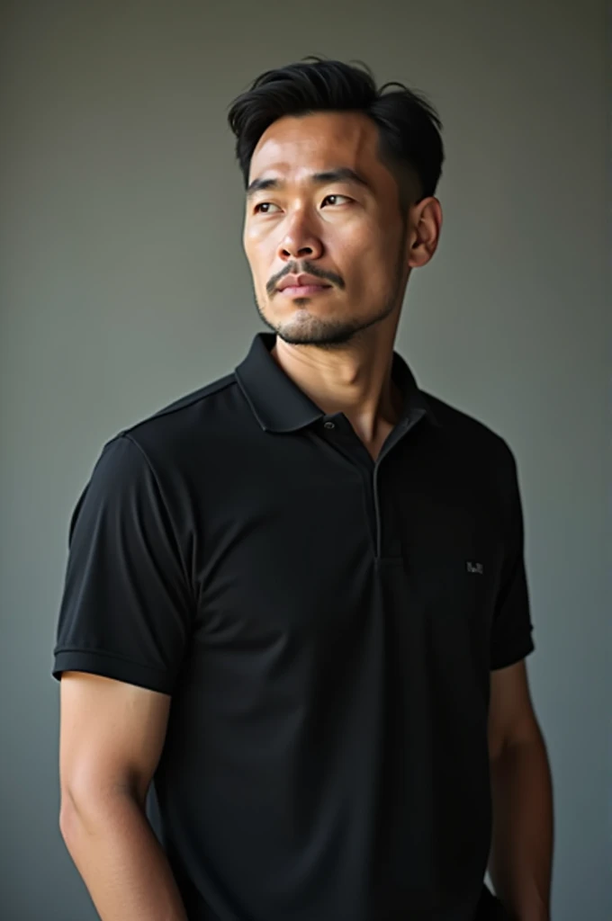 Asian man, wearing a black polo shirt 