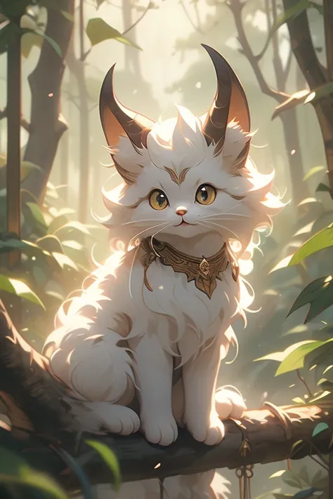 cat with goat horns, brown fur, beautiful, sharp, magical, cat with small horns, forest background, sitting on a tree branch