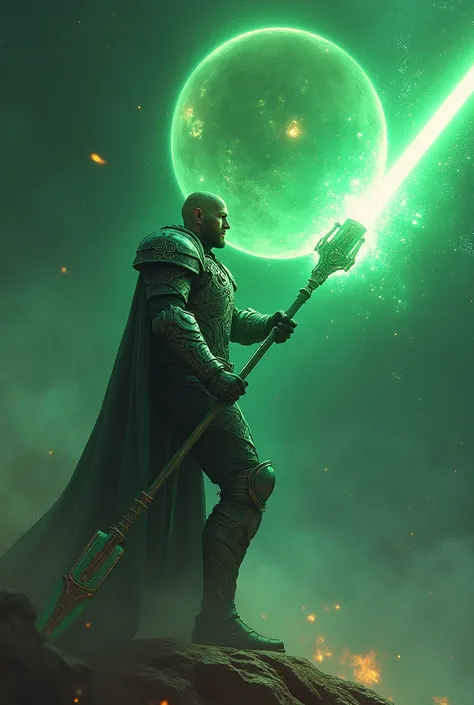 man with armor ,in space with neon green spear,destroying a planet,with a kind face