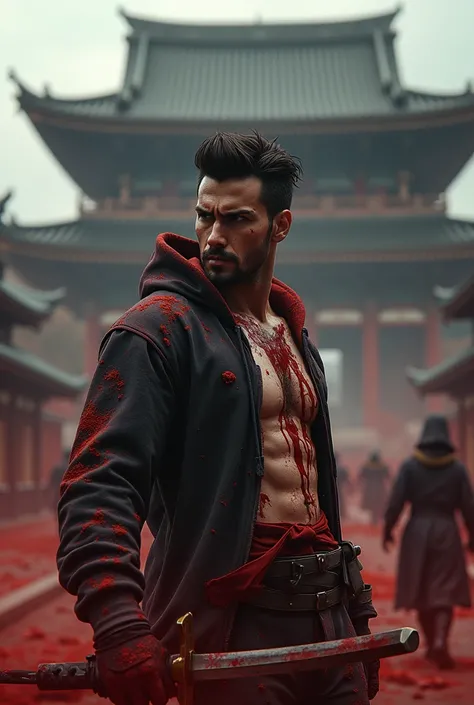 A brunette man with stylish  hair style,blood his body and face, fight with enemy front of samurai temple, wearing hoodie