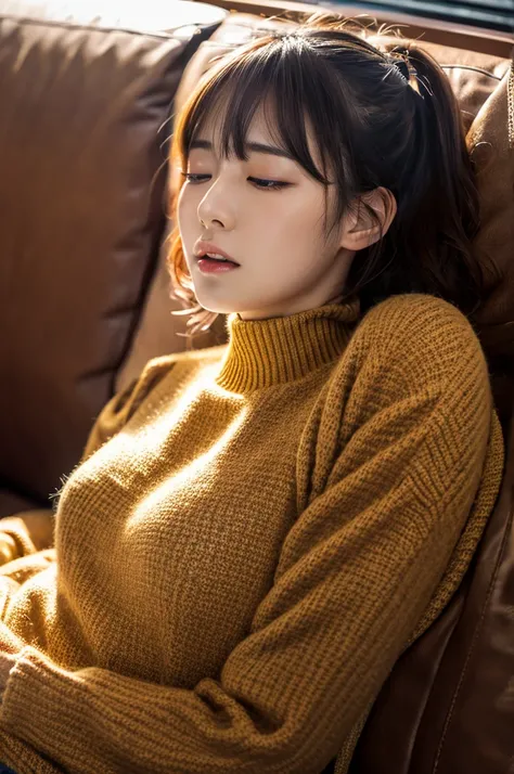 japanese,idol, nap on a sofa, mouth open, office lady, sighing, teasing, surrealism, highly detailed, cinematic lighting, shot from above, ultra high resolution, masterpiece, fair skin, 4k, best quality