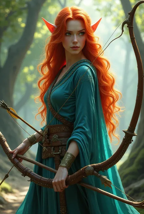 eladrin elf bright red-orange hair with bow and arrow blue-green fletcher outfit