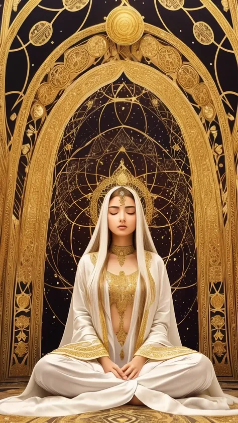 A beautiful young woman sits in meditation, her long hair cascading down. She is adorned in an exquisitely embroidered white robe with intricate gold patterns. Surrounding her are geometric designs and complex golden Star of David symbols, with some formin...