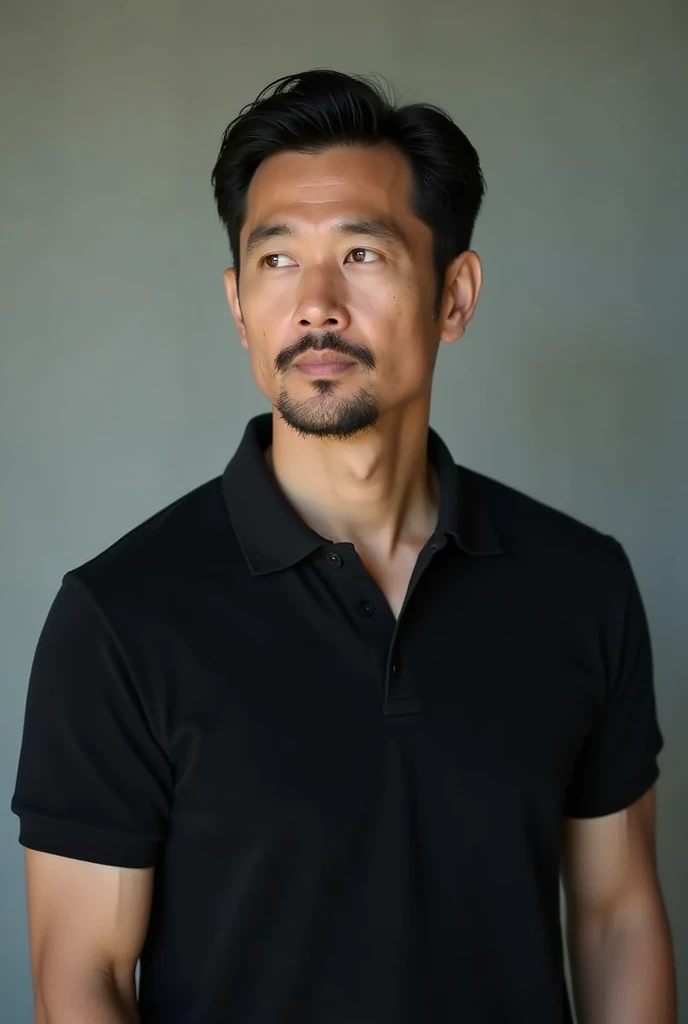 Asian man, wearing a black polo shirt 