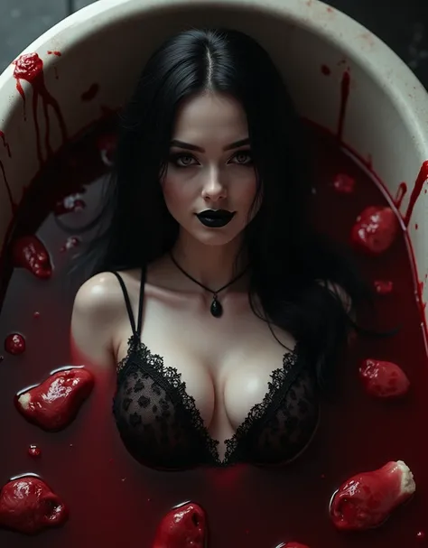 a morbid luxurious sophisticated goth female with a smirk on her lips,beautiful detailed eyes,beautiful detailed lips,extremely detailed face and skin,long dark hair,pale skin,black lipstick,black broody smuged  eyeshadow,large blood bath,floating pieces o...