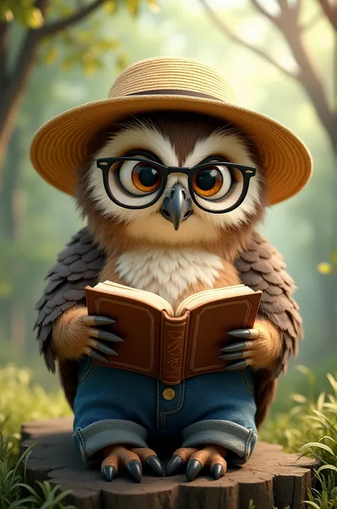 Draw a humanized owl wearing jeans and a straw hat and reading glasses 