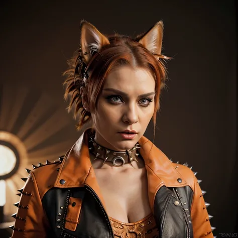 orange realistic cat dressed like a opera singer, detailed portrait, furry animal, punk rock, heavy metal, leather jacket, spiked collar, random hairstyle, dynamic pose, high energy, intense expression, bold colors, dramatic lighting, digital painting, con...