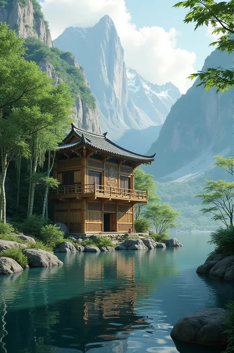 A bamboo house in a mountain 