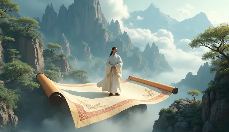 
Aravud people standing on a scroll in the middle of the mountain, Detailed illustrations by Fei Danxu, Popular trends on pixabay, Wonderful realism, Taoism大师, Taoist priest, flowing white robe, Chinese Fantasy, The wise man is on top, Taoism, 3D rendering...