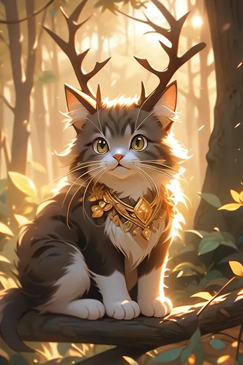 cat with antlers, brown fur, beautiful, sharp, magical, forest background, sitting on a tree branch, golden hour