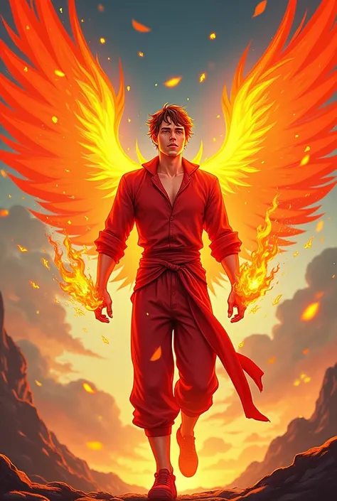 Cartoon of a young man, in red and with fire, Ave fenix